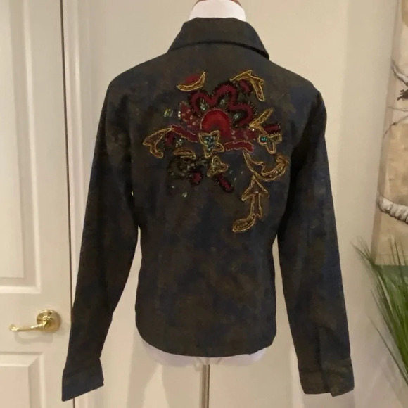 Chico’s Mottled Stretch Denim Jacket Sequin Floral - Picture 10 of 12